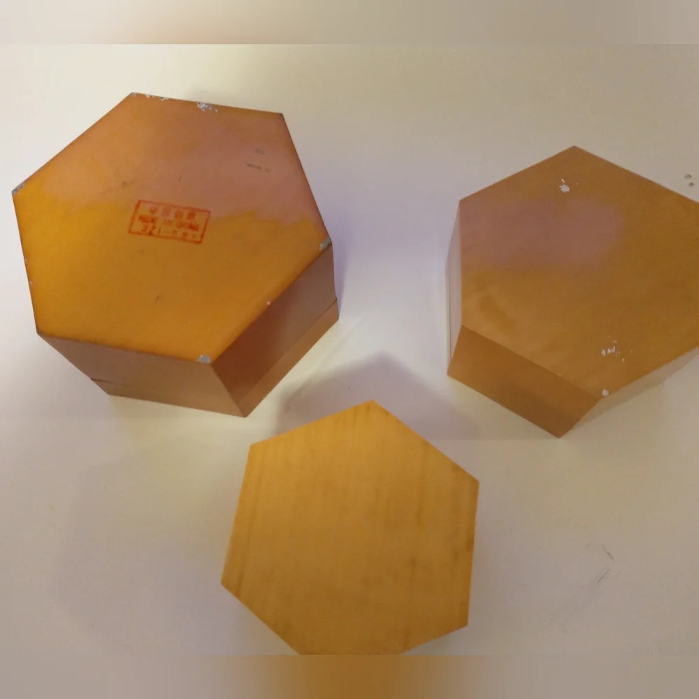 Vintage Chinese bamboo nesting hexagon boxes birds mid-century Asian Set Of 3